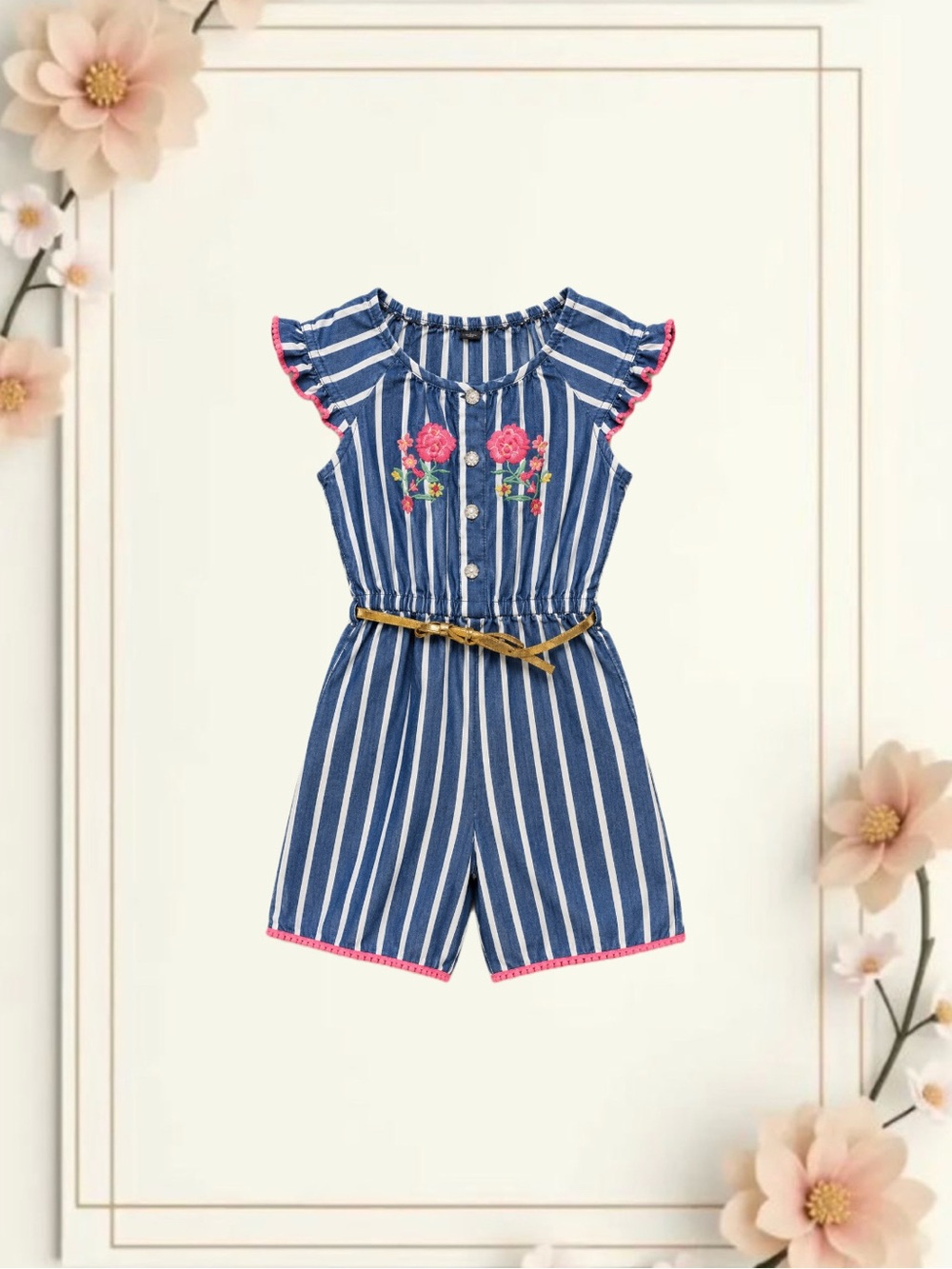 Girls Floral Embroidered Short Sleeve/Pants Romper